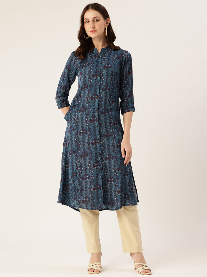 Blue Striped Mandarin Collar A-Line Kurta