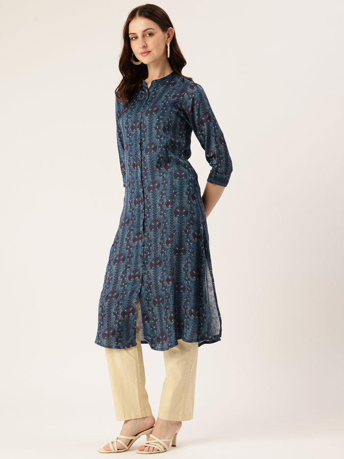 Blue Striped Mandarin Collar A-Line Kurta