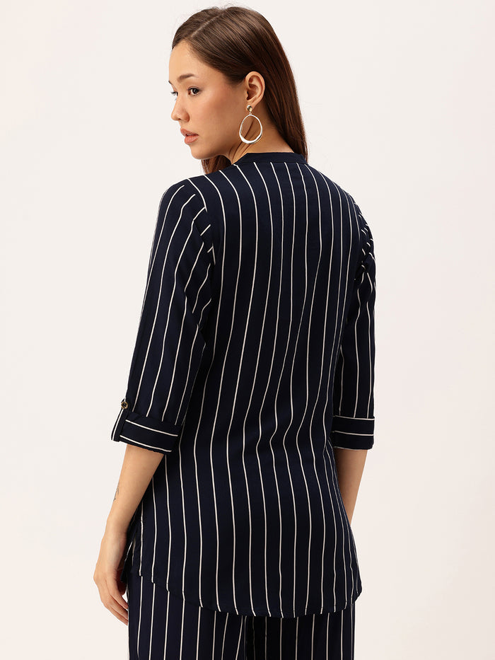 Blue Striped Mandarin Collar Tunic, Floral Printed Tunic, Striped  printed tunic, mandarin collar Tunic, casual wear Tunic, women’s tunic, Office Wear Tunic