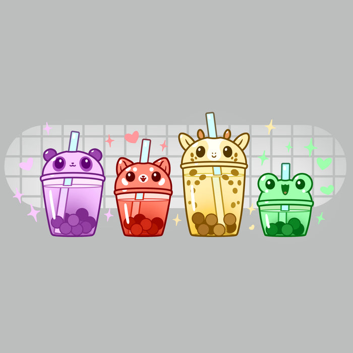 Premium Cotton T-shirt_TeeTurtle silver gray Boba Buddies apparel featuring boba tumblers with animal-themed lids in the order of a purple-colored panda, red-colored red panda, yellow-colored giraffe, and green-colored frog with boba in the same respective colors.