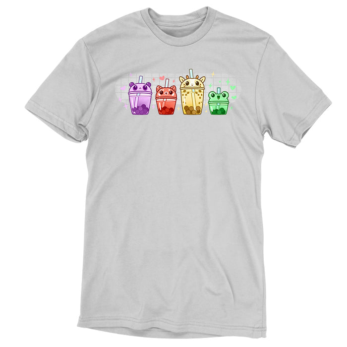 Premium Cotton T-shirt_TeeTurtle silver gray Boba Buddies apparel featuring boba tumblers with animal-themed lids in the order of a purple-colored panda, red-colored red panda, yellow-colored giraffe, and green-colored frog with boba in the same respective colors.
