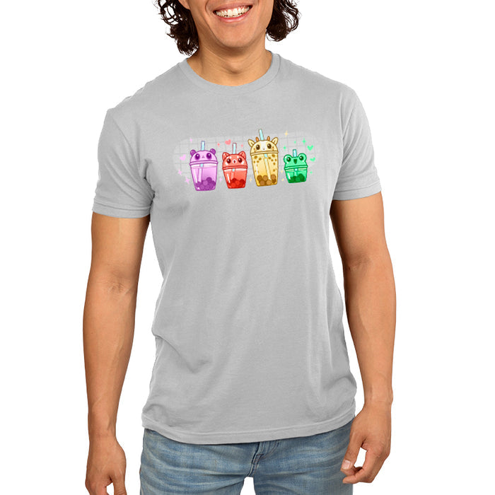 Premium Cotton T-shirt_TeeTurtle silver gray Boba Buddies apparel featuring boba tumblers with animal-themed lids in the order of a purple-colored panda, red-colored red panda, yellow-colored giraffe, and green-colored frog with boba in the same respective colors.