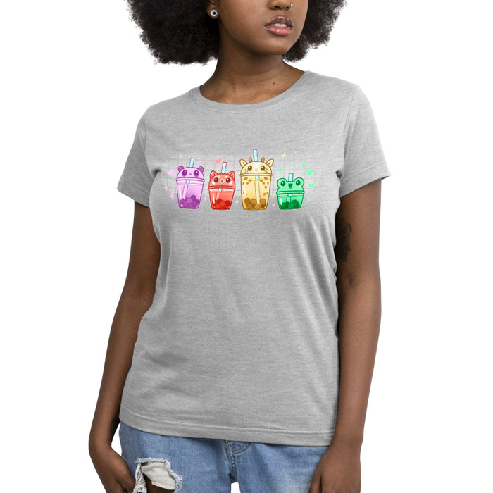 Premium Cotton T-shirt_TeeTurtle silver gray Boba Buddies apparel featuring boba tumblers with animal-themed lids in the order of a purple-colored panda, red-colored red panda, yellow-colored giraffe, and green-colored frog with boba in the same respective colors.