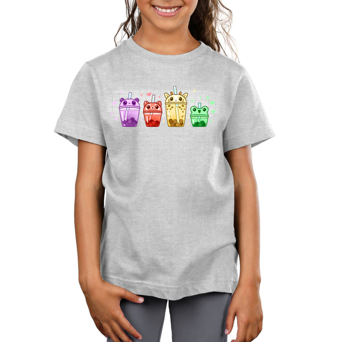 Premium Cotton T-shirt_TeeTurtle silver gray Boba Buddies apparel featuring boba tumblers with animal-themed lids in the order of a purple-colored panda, red-colored red panda, yellow-colored giraffe, and green-colored frog with boba in the same respective colors.