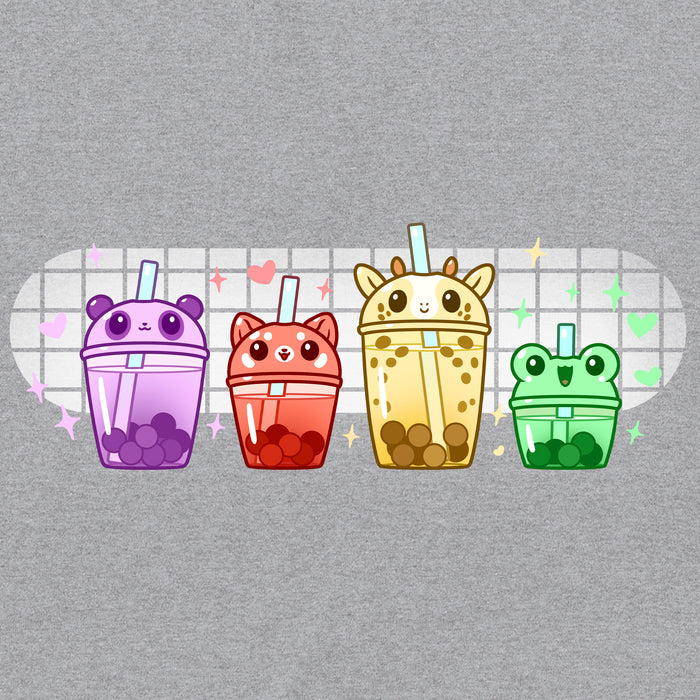 Classic Cotton T-shirt_TeeTurtle heather gray Boba Buddies apparel featuring boba tumblers with animal-themed lids in the order of a purple-colored panda, red-colored red panda, yellow-colored giraffe, and green-colored frog with boba in the same respective colors.