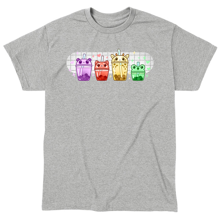 Classic Cotton T-shirt_TeeTurtle heather gray Boba Buddies apparel featuring boba tumblers with animal-themed lids in the order of a purple-colored panda, red-colored red panda, yellow-colored giraffe, and green-colored frog with boba in the same respective colors.