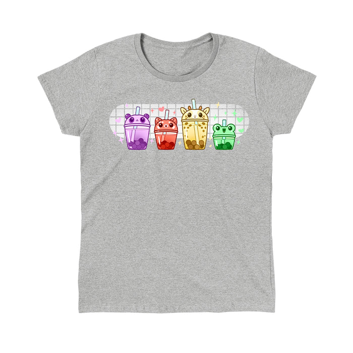 Classic Cotton T-shirt_TeeTurtle heather gray Boba Buddies apparel featuring boba tumblers with animal-themed lids in the order of a purple-colored panda, red-colored red panda, yellow-colored giraffe, and green-colored frog with boba in the same respective colors.