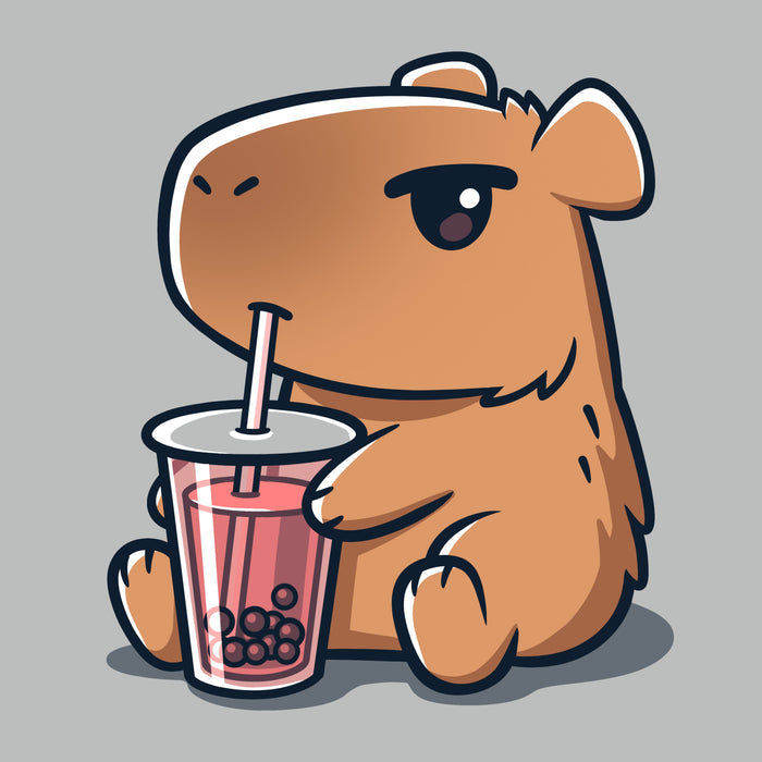 Premium Cotton T-shirt_TeeTurtle silver gray Boba Capybara apparel featuring a capybara drinking boba.