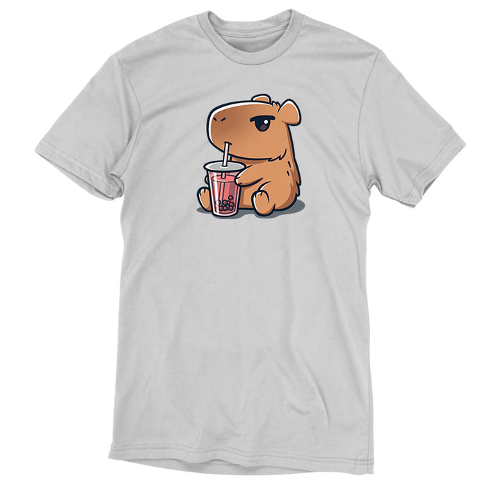 Premium Cotton T-shirt_TeeTurtle silver gray Boba Capybara apparel featuring a capybara drinking boba.