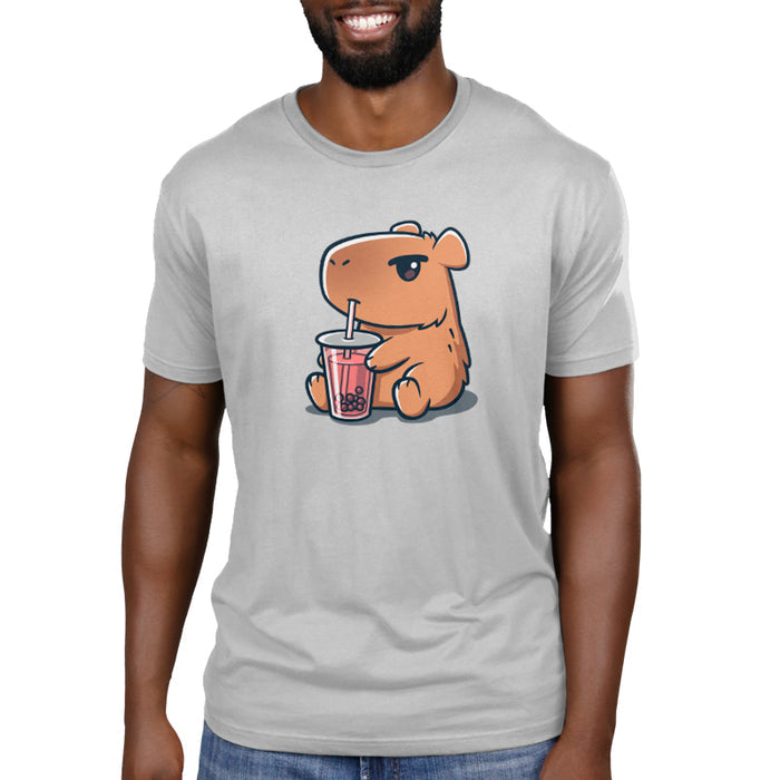 Premium Cotton T-shirt_TeeTurtle silver gray Boba Capybara apparel featuring a capybara drinking boba.