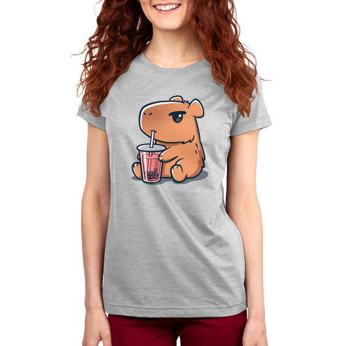 Premium Cotton T-shirt_TeeTurtle silver gray Boba Capybara apparel featuring a capybara drinking boba.