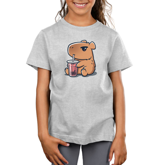Premium Cotton T-shirt_TeeTurtle silver gray Boba Capybara apparel featuring a capybara drinking boba.