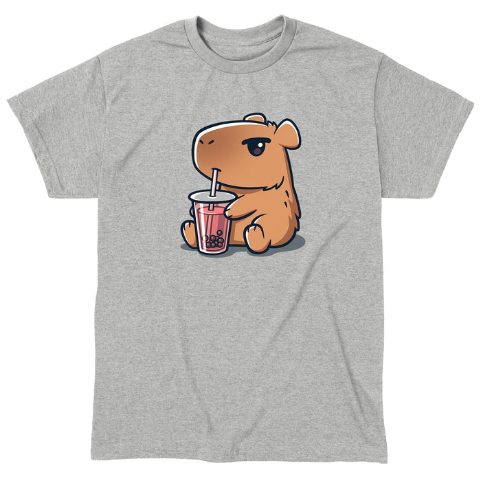 Classic Cotton T-shirt_TeeTurtle heather gray Boba Capybara apparel featuring a capybara drinking boba.
