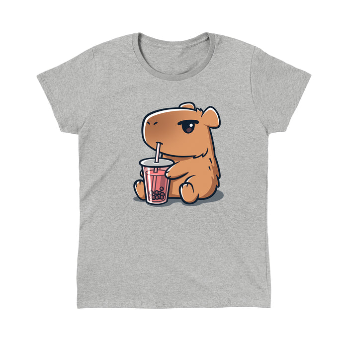 Classic Cotton T-shirt_TeeTurtle heather gray Boba Capybara apparel featuring a capybara drinking boba.