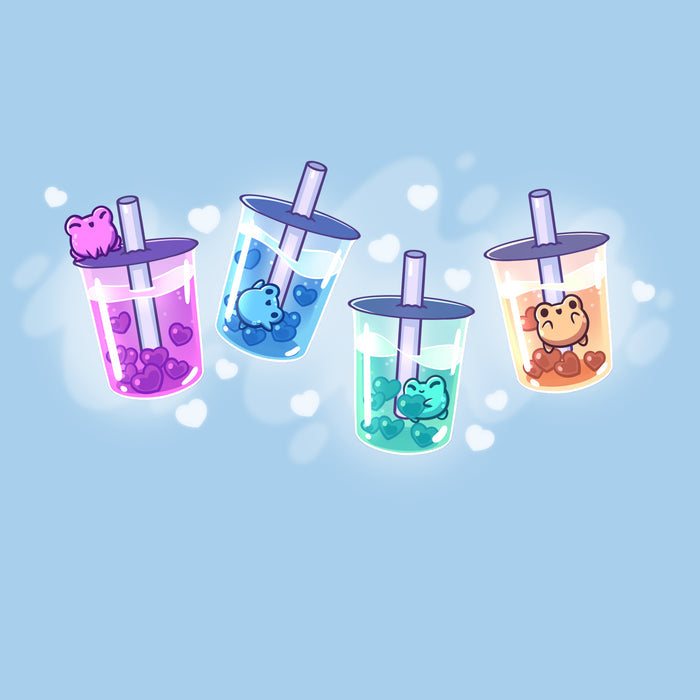 Premium Cotton T-shirt_TeeTurtle light blue Boba Froggies apparel featuring heart-shaped boba in different colors with little frogs swimming in the boba, or perched on top of the lid.