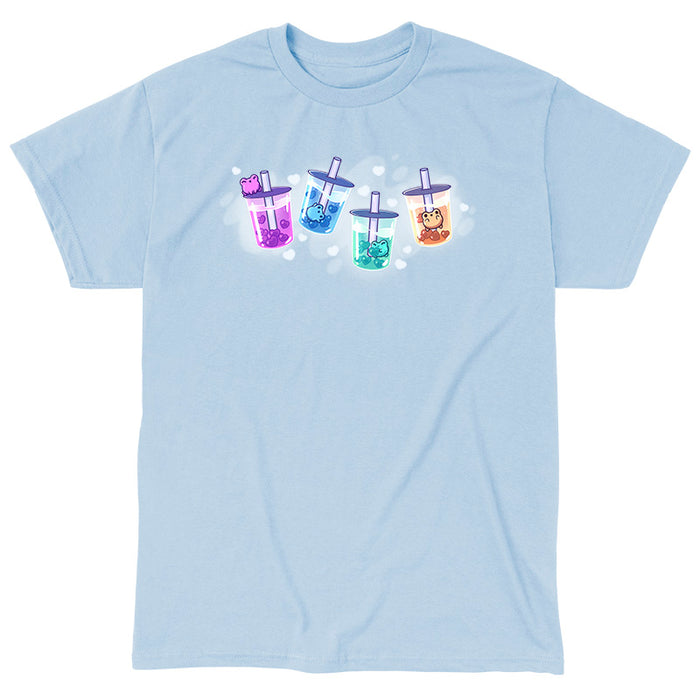 Classic Cotton T-shirt_TeeTurtle light blue Boba Froggies apparel featuring heart-shaped boba in different colors with little frogs swimming in the boba, or perched on top of the lid.