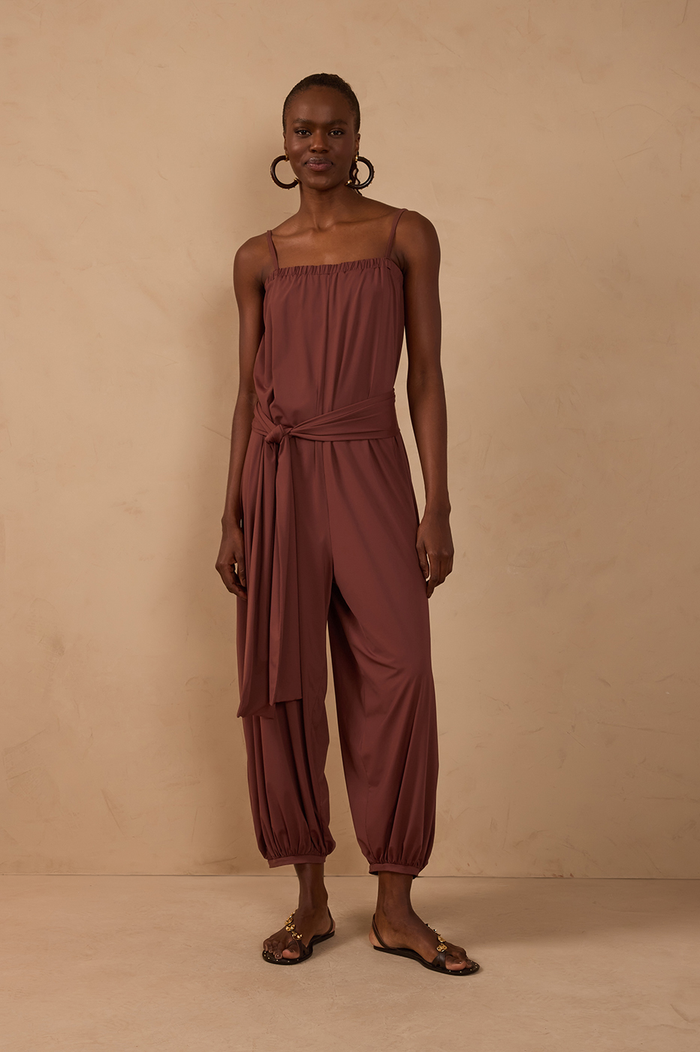 Brown Belted Balloon Jersey Jumpsuit_1