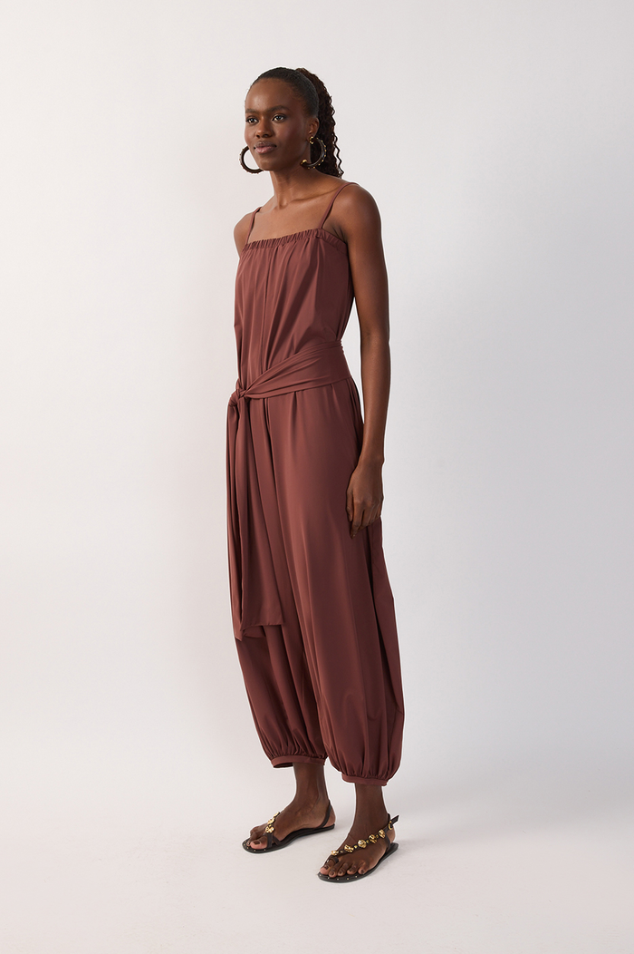 Brown Belted Balloon Jersey Jumpsuit_3