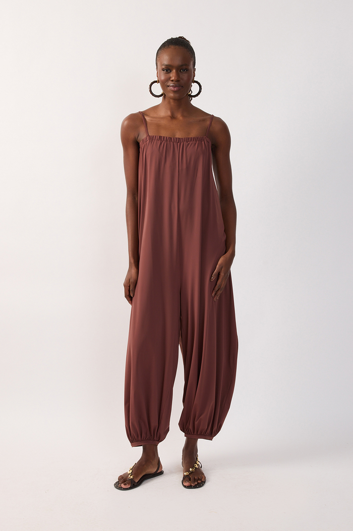 Brown Belted Balloon Jersey Jumpsuit_6