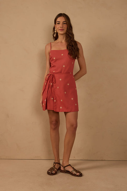 "Brown Lurex Embroidered Linen Mini Dress "_1