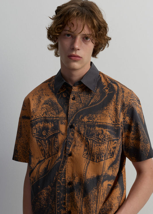 BROWN DENIM TEXTURE GRAPHIC PRINT SHIRT