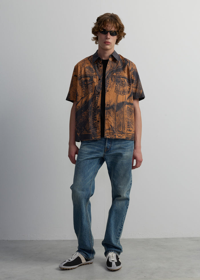 BROWN DENIM TEXTURE GRAPHIC PRINT SHIRT