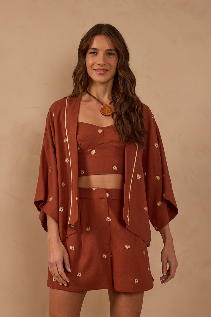 Brown Embroidered Lurex Linen Kimono_1
