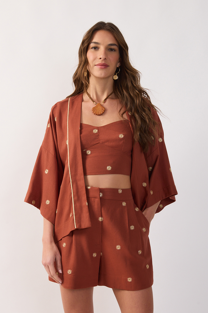 Brown Embroidered Lurex Linen Kimono_2