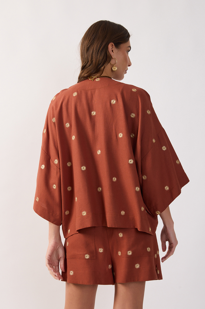 Brown Embroidered Lurex Linen Kimono_6
