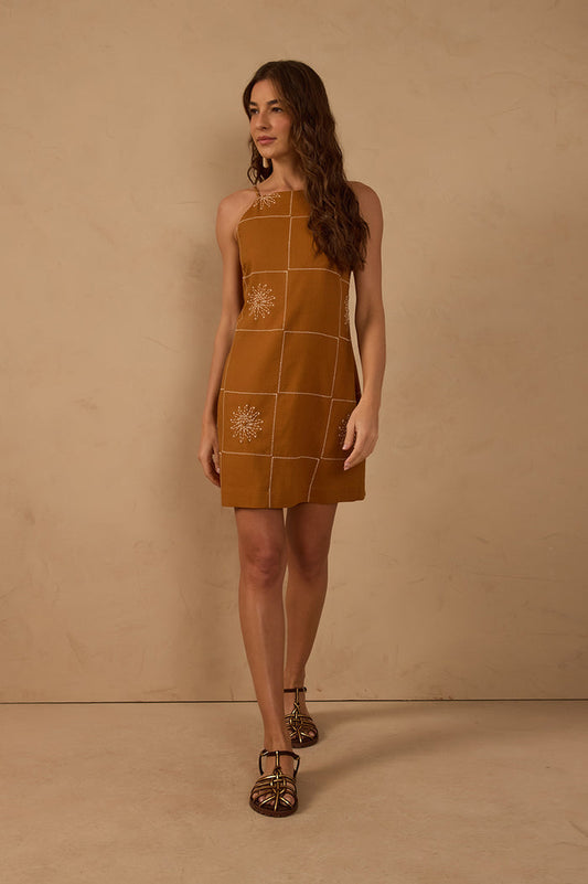 Brown Embroidered Sun Plaid Linen Mini Dress_1