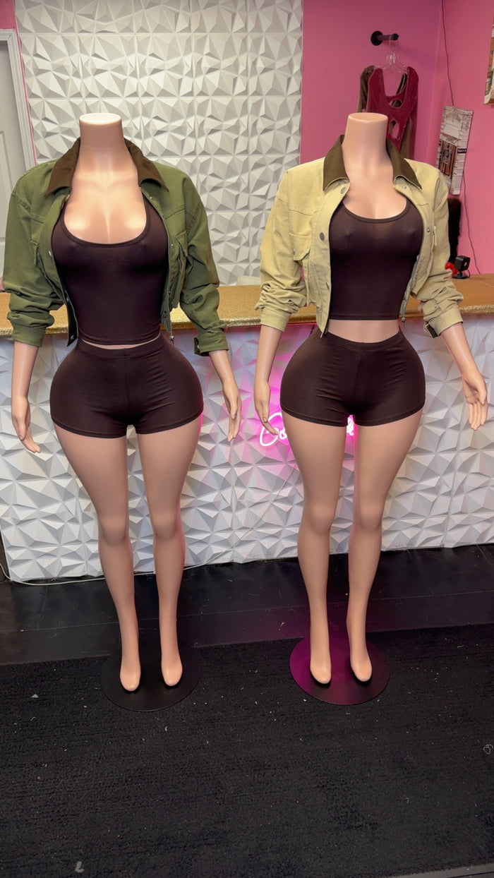 Matching Two Piece Set Short Sleeve With Shorts In Brown