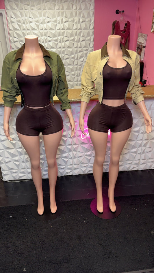 Matching Two Piece Set Short Sleeve With Shorts In Brown