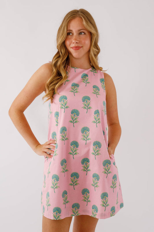 Vintage Looking Cotton Shift Dress- Preppy Pink Floral Shift Dress with Bow- Pretty Follies Pink and Green Floral Shift Dress