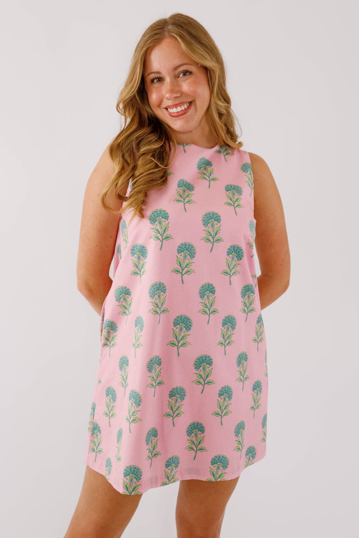 Vintage Looking Cotton Shift Dress- Preppy Pink Floral Shift Dress with Bow- Pretty Follies Pink and Green Floral Shift Dress