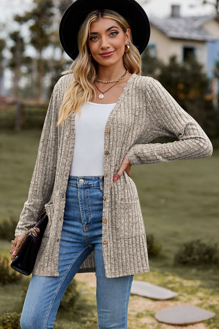 Brushed Ribbed Cardigan with Pockets - 7 colors