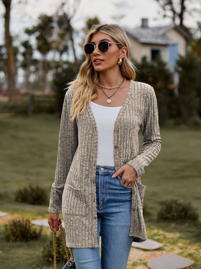 Brushed Ribbed Cardigan with Pockets - 7 colors