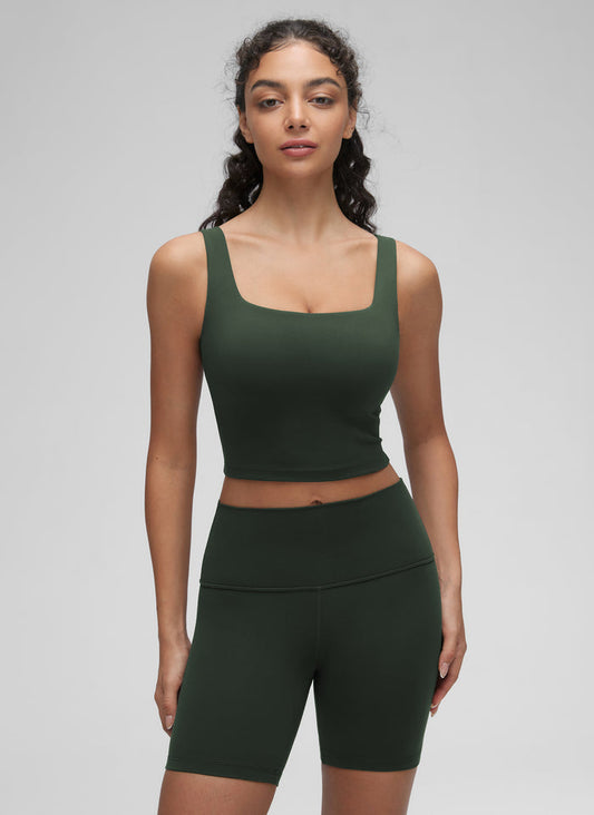 CRZ YOGA Women's Yoga Low Impact Butterluxe Longline Bra Square Neck Legend Green