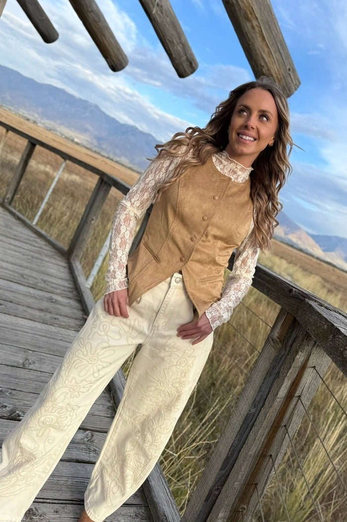 embroidered cream barrel jeans