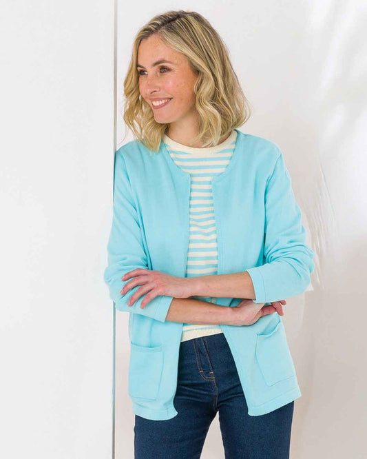 Carla Edge to Edge Pure Cotton Ladies Cardigan - Aqua - The Classic Boutique