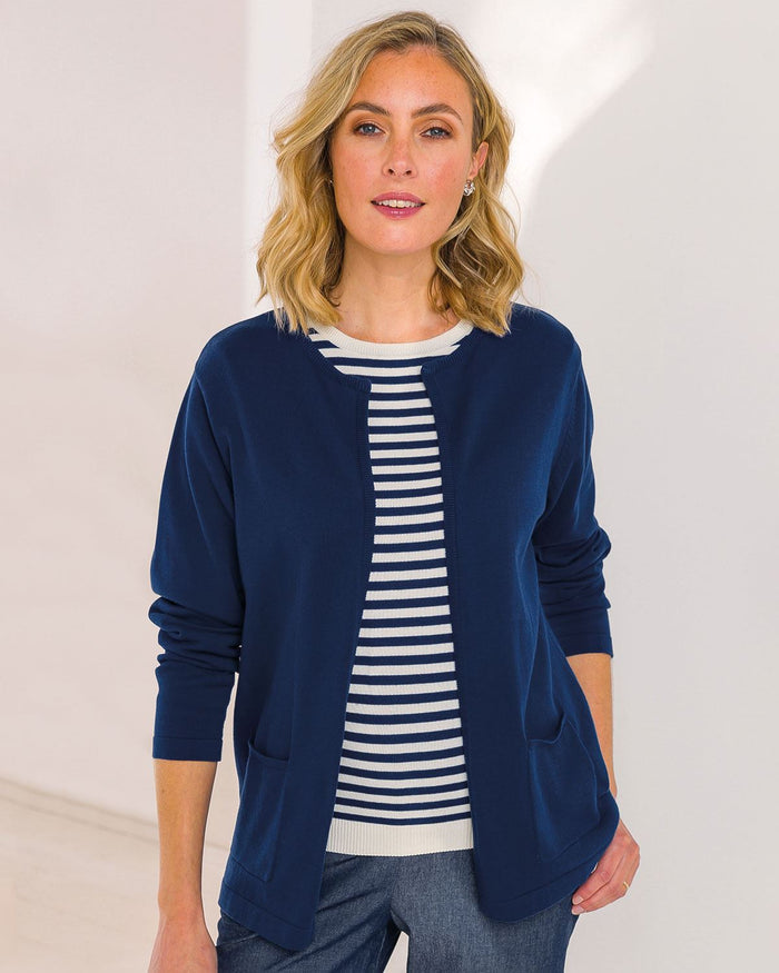Carla Edge to Edge Pure Cotton Ladies Cardigan - Navy - The Classic Boutique