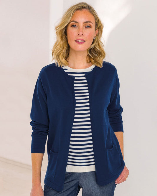 Carla Edge to Edge Pure Cotton Ladies Cardigan - Navy - The Classic Boutique