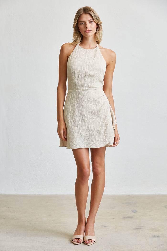 Cascade Midi Dress - Ruched A Line Textured Halter - Oatmeal