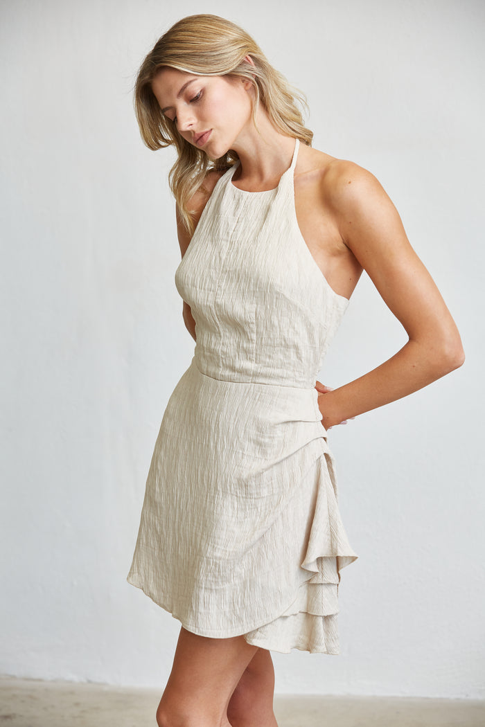 Cascade Midi Dress - Ruched A Line Textured Halter - Oatmeal