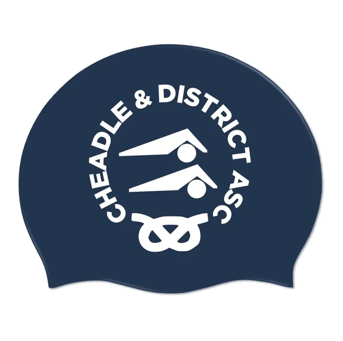 Navy and white Cheadle Club Logo Only swimming cap by AK Club Kit, featuring the club's logo on a sleek swim cap.