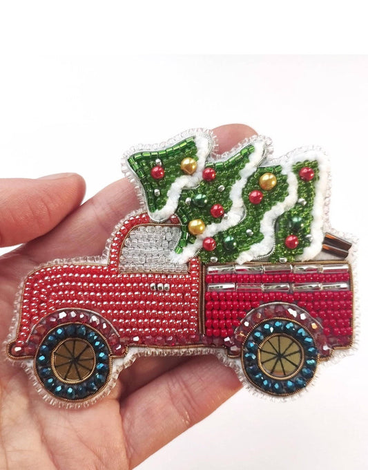 Christmas Truck with Tree Beaded Embroidery Brooch/Hanging Decoration Kit