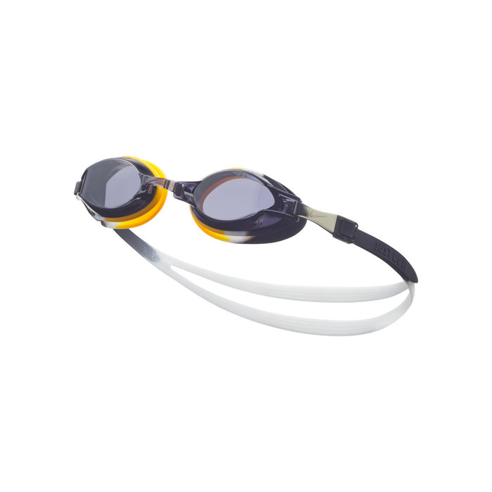 Nike Chrome Youth Goggle in grey with adjustable strap and clear lens, designed for youth sports and swimming activities.