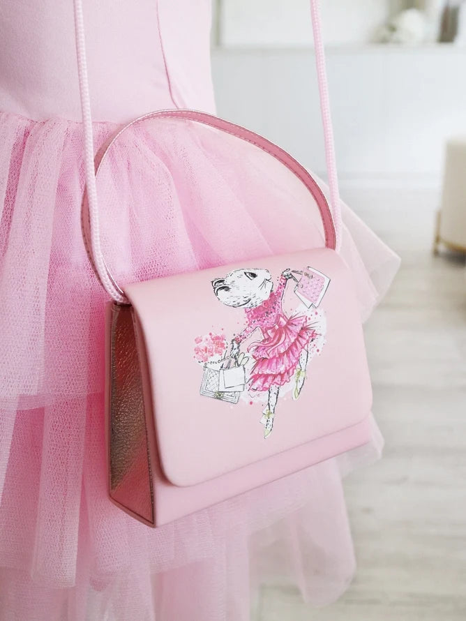 Claris pink mini handbag with signature mouse print with metallic top handle and adjustable shoulder strap for kids