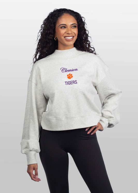 Clemson Tigers Women's Ash-Grey Relaxed, waist-length Heavyweight Fleece Sweatshirt with mock neck, drop shoulders and balloon sleeves
