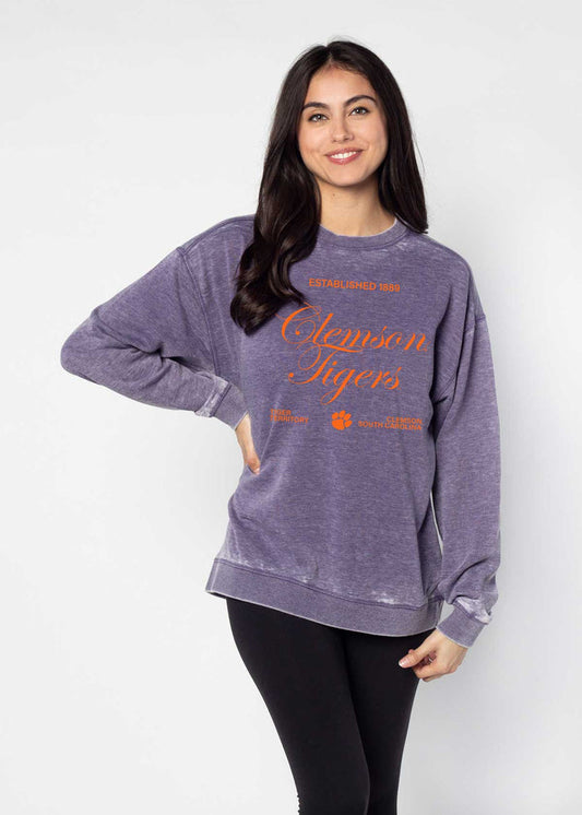 Clemson Tigers Unisex Grape Oversized Burnout fleece Sweatshirt with Ribbed crew neckline, cuffs, hem, dropped shoulders and relaxed bottom hem