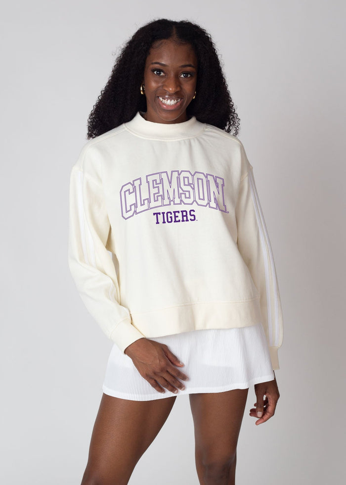 Clemson Tigers Women's White Relaxed, boxy, waist length Premium fleece Sweatshirt with Mock neck and striped rib at neckline, cuffs and hem